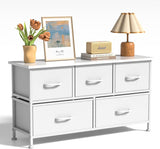 5 Drawers Dresser for Bedroom, Kidsroom Furniture, Wide Chest of Drawers, Storage Organizer Units with Fabric Bins for Closet, White, Metal Frame, Waterproof Wood Top, Adjustable Feet Livingsource