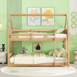 Twin Over Twin House Floor Bunk Bed with Headboards, Footboards and Guardrails, Ladder, Rubber Wood Bunk Bed with Safety Guardrails,White Oak SolidRoot Buy Furniture USA