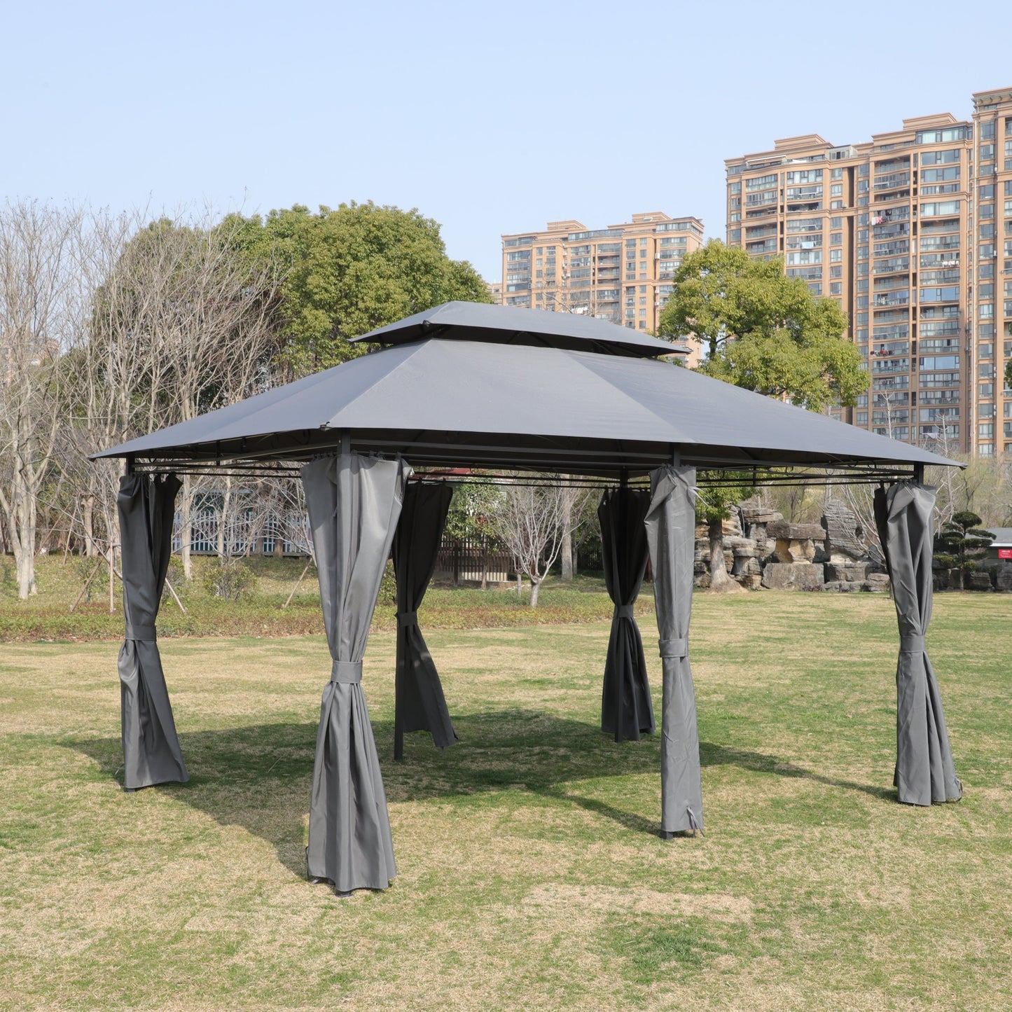 13x10 Outdoor Patio Gazebo Canopy Tent With Ventilated Double Roof And Mosquito net(Detachable Mesh Screen On All Sides),Suitable for Lawn, Garden, Backyard and Deck,GREY Top SolidRoot Buy Furniture USA