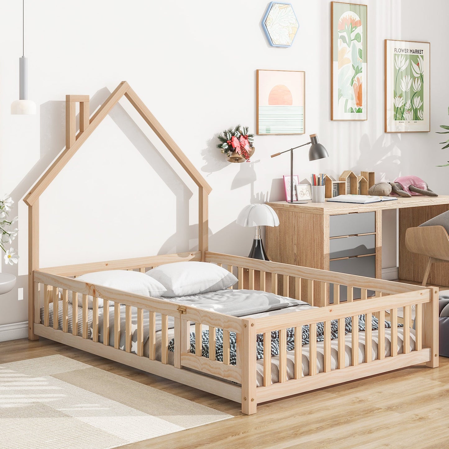 Full House-Shaped Headboard Floor Bed with Fence,Natural SolidRoot Buy Furniture USA