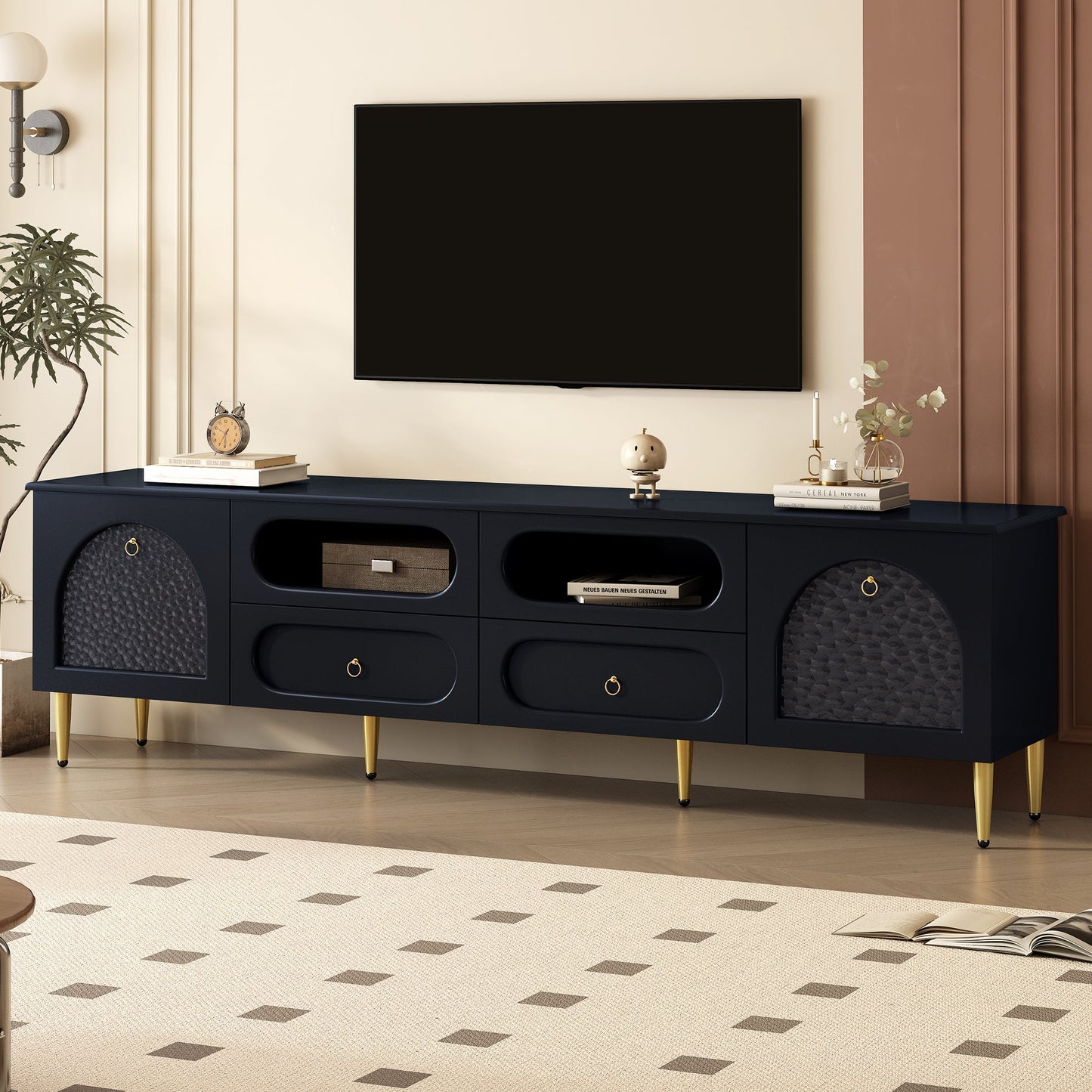 U-Can 78.8'' Retro TV Stand, Entertainment Center Media Console Cabinet with Six Metal Legs, 2 Cabinets, 4 Drawers and Anti-tip Device For Living room, Up to 85'' SolidRoot Buy Furniture USA