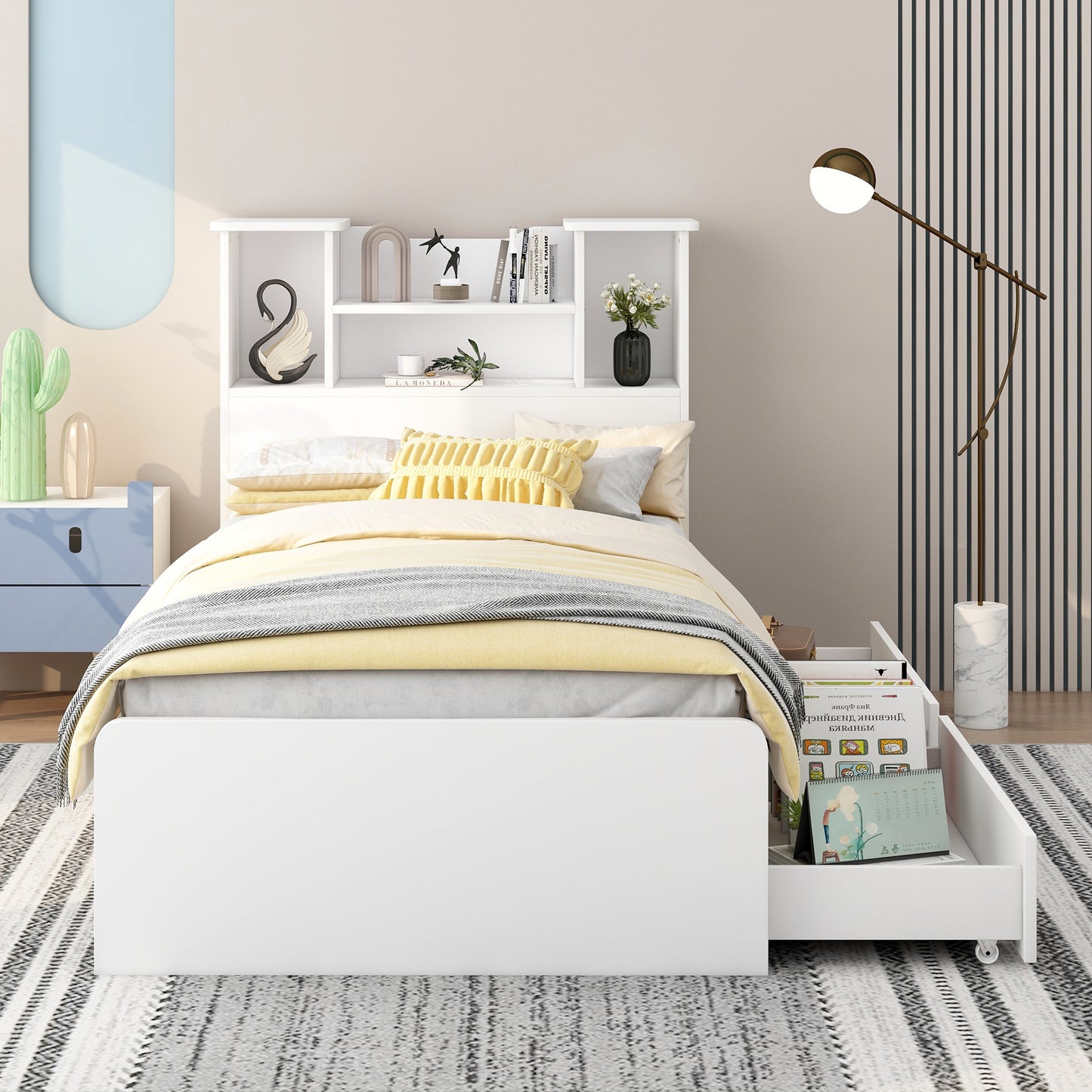 Twin Size Storage Platform Bed Frame with 4 Open Storage Shelves and 2 Storage Drawers,LED Light,White - SolidRoot Buy Furniture USA