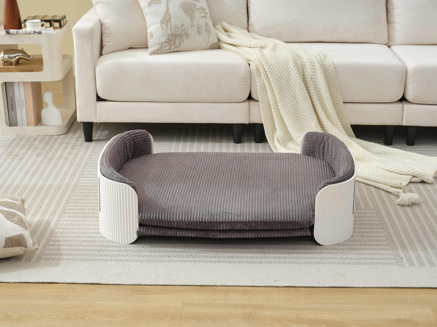 Scandinavian style Cat Couch Bed, Pet Sofa for Indoor Cats PP Indoor Pet Furniture Elevated Cat Beds with Removable Mattress Cover Suitable for Mid or Large Animal Brand Design White+Grey SolidRoot Buy Furniture USA