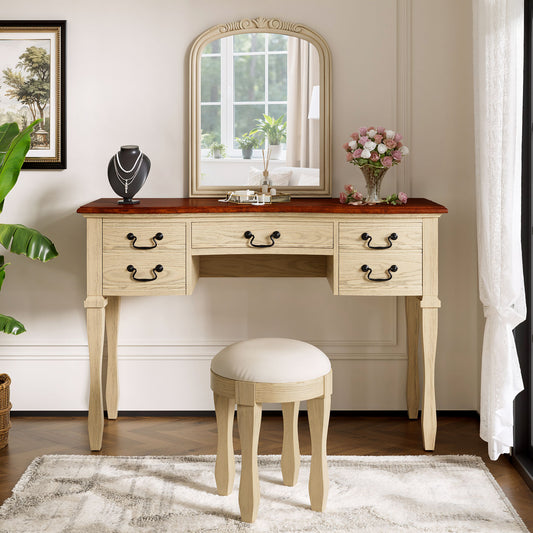 46' Vintage Makeup Vanity with Curved Flower Frame Mirror, Elegant Dressing Table with 5 Drawers and Leather Stool, Vanity Desk with Solid Wood Legs and Antique Handles for Bedroom