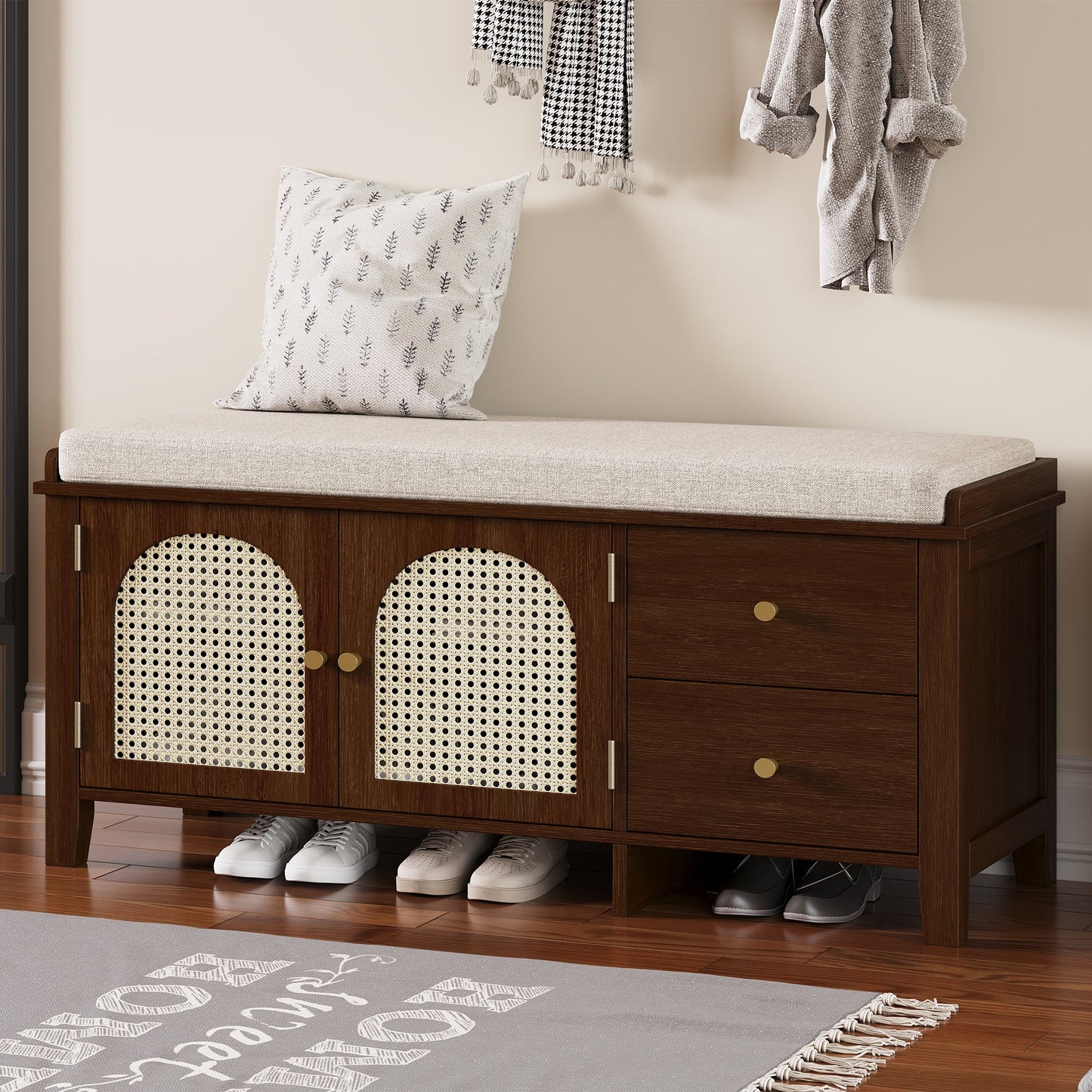 TREXM Shoe Storage Bench, Vintage Shoe Bench with Storage and Cushion, Shoe Bench with 2 Drawers and 2 Rattan Door for Entryway, Bedroom, Living Room, Espresso SolidRoot Buy Furniture USA