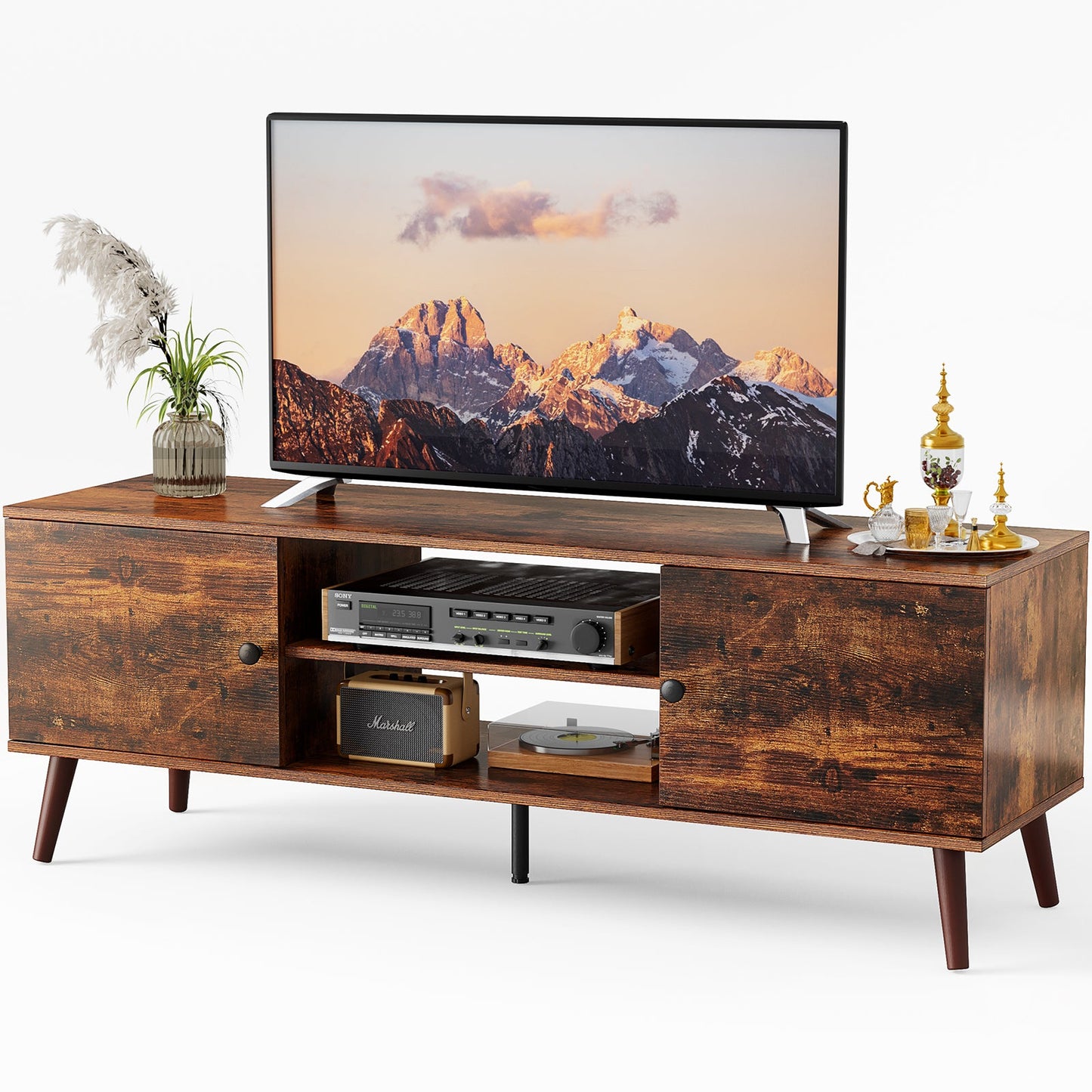 Can accommodate 60 'TV, living room/bedroom TV media console, adjustable shelves, 2 storage cabinets, brown SolidRoot Buy Furniture USA