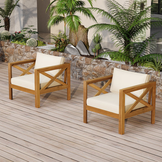 Outdoor Acacia Wood Club Wooden Armchair with Cushions (Set of 2), Conversation Set,Teak Finish,Beige Cushion SolidRoot Buy Furniture USA