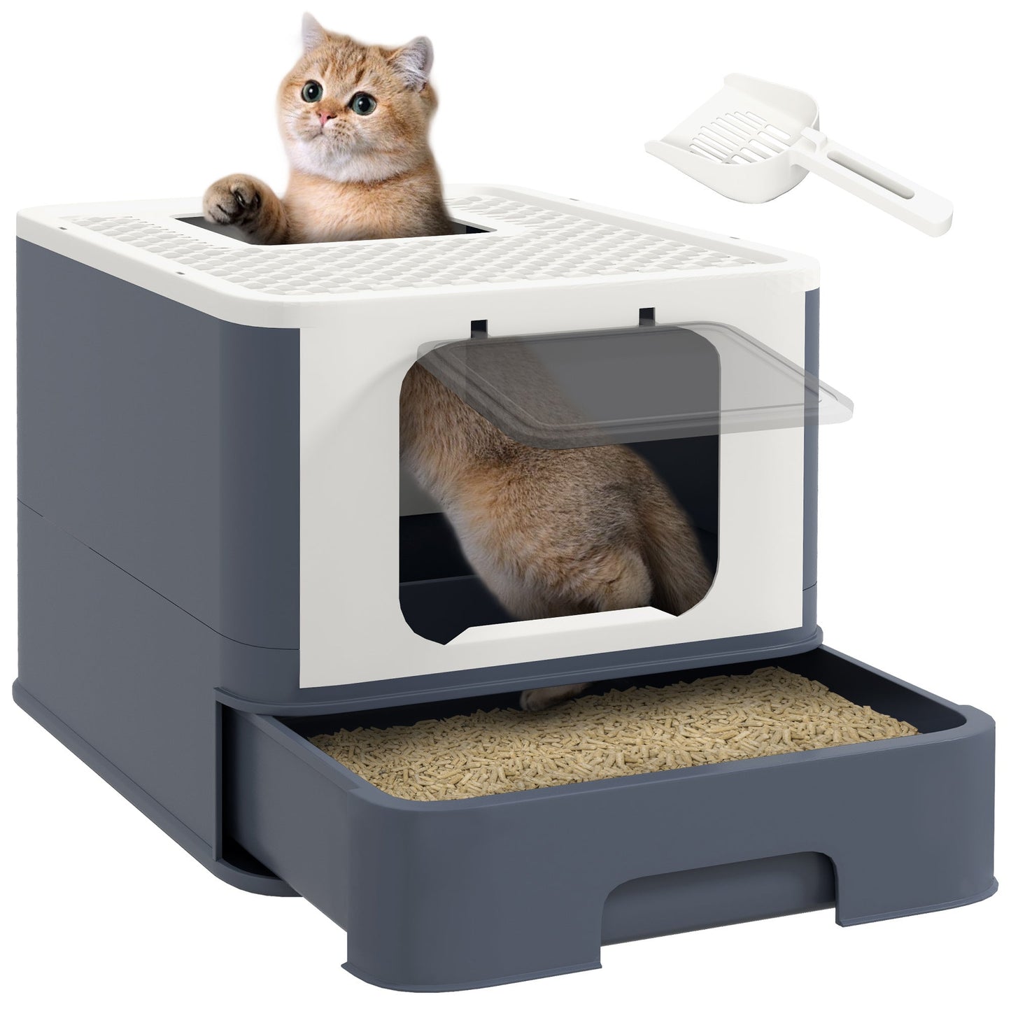 PawHut Cat Litter Box with Lid, Covered Large Cat Litter Box with Scoop, Front Entry and Top Exit, Easy to Clean Kitty Litter Box for Large Adult Cats Up to 13 lbs. , White SolidRoot Buy Furniture USA