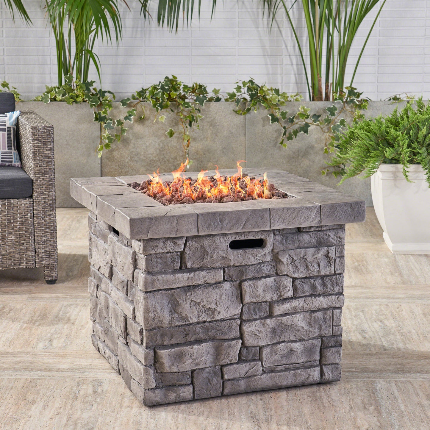 30" Outdoor Square MgO Propane Fire Pit - 40,000 BTU, Grey - SolidRoot Buy Furniture USA