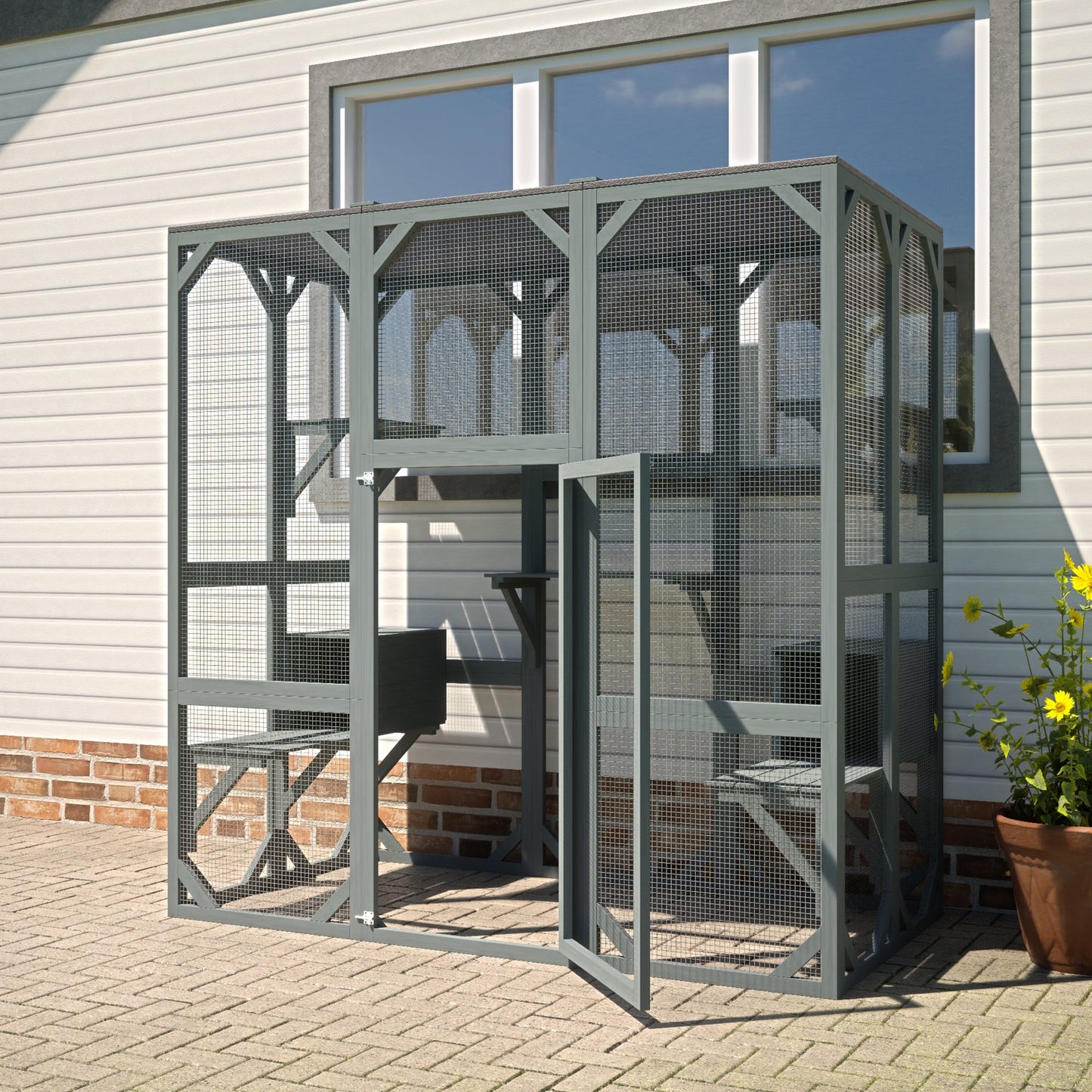 Outdoor Cat House Wooden Catio Enclosure w/Cover- Large Cat Cage with Jump Platforms and Condos, Weatherproof, Grey, 71(L)*37(W)*71(H) SolidRoot Buy Furniture USA