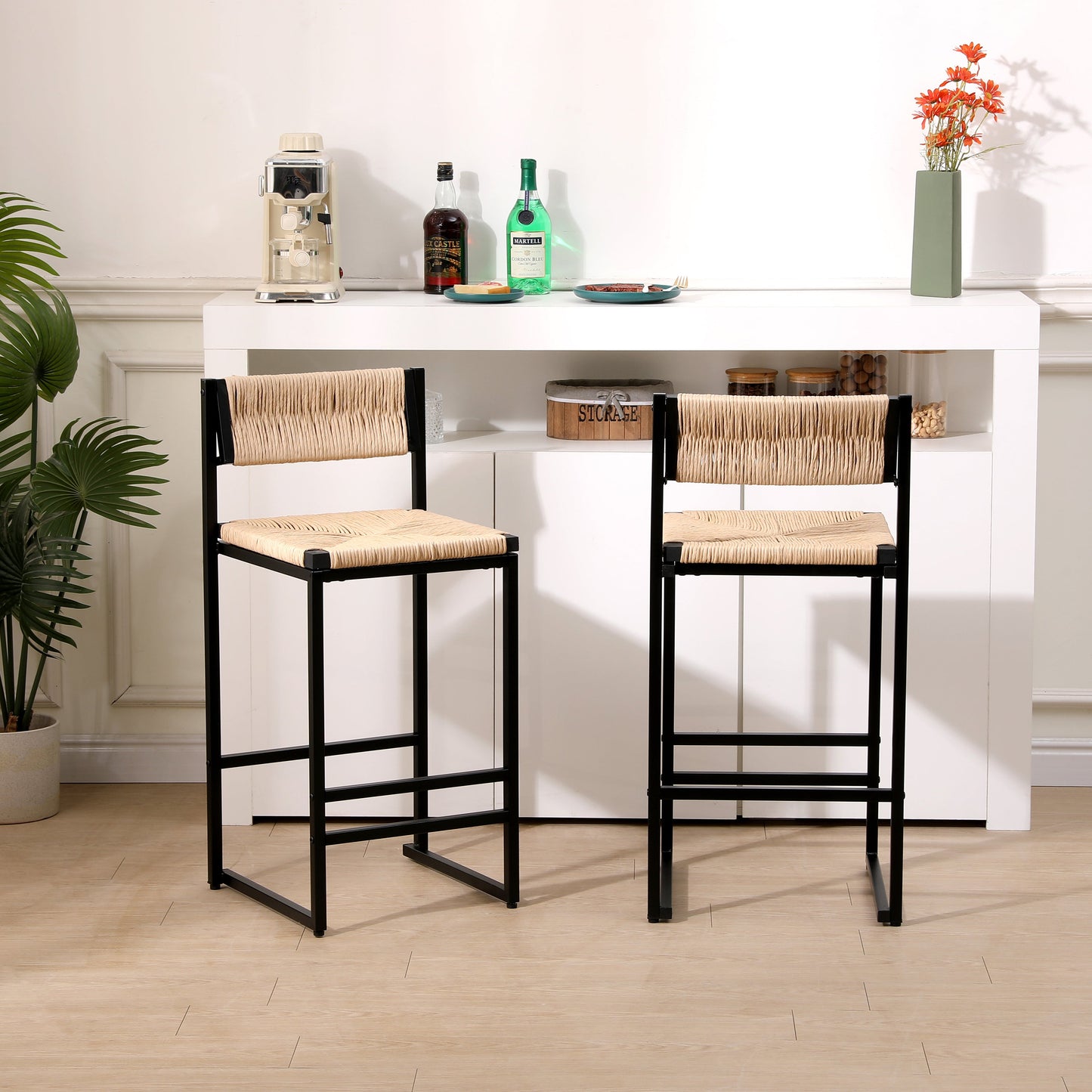 Honey Bar Stools Set of 2 Paper Rope Weave Dining Chairs with Back Hand Weave Stools for Kichen Island, Bar & Counter (Honey) SolidRoot Buy Furniture USA