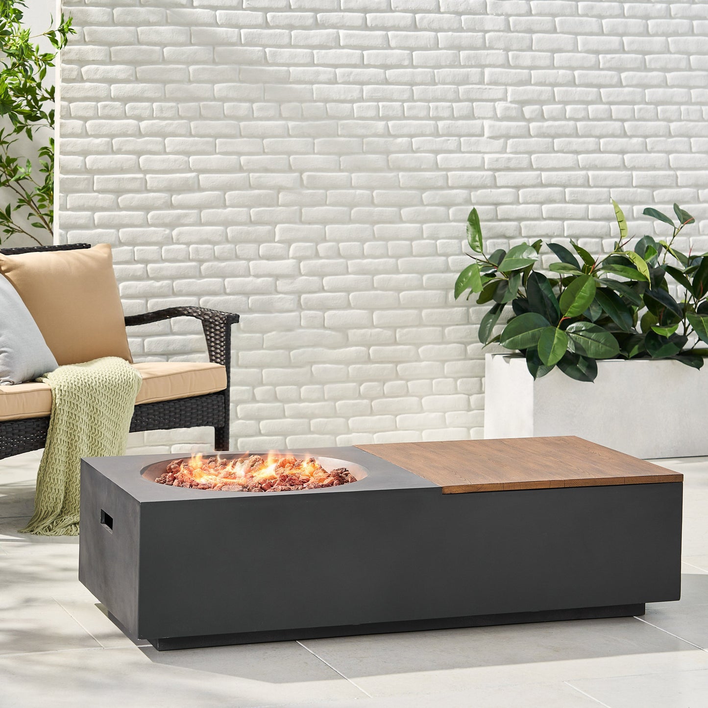 Outdoor 50,000 BTU Lightweight Concrete Rectangular Fire Pit Table with Storage, Dark Gray and Natural Brown (Tank Cover not Included) SolidRoot Buy Furniture USA