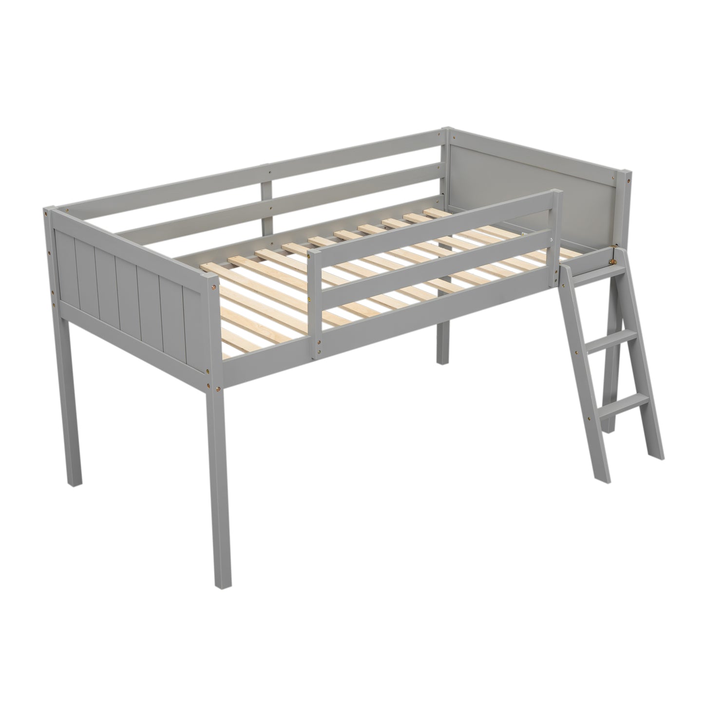 Twin Size Wood Low Loft Bed with Ladder, ladder can be placed on the left or right, Gray - SolidRoot Buy Furniture USA