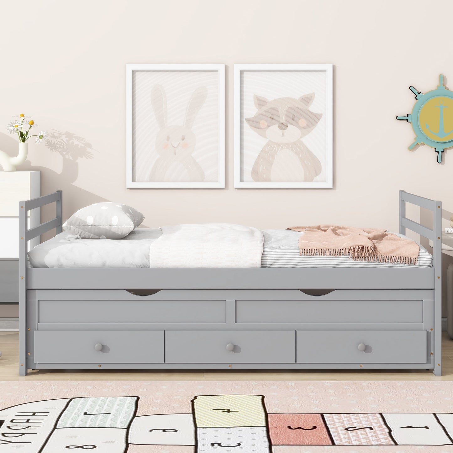 Twin Size Bed with Headboard, Footboard, Trundle and Three Storage Drawers, Twin Size Pine Wood Bed with Headboard, Footboard,Grey SolidRoot Buy Furniture USA