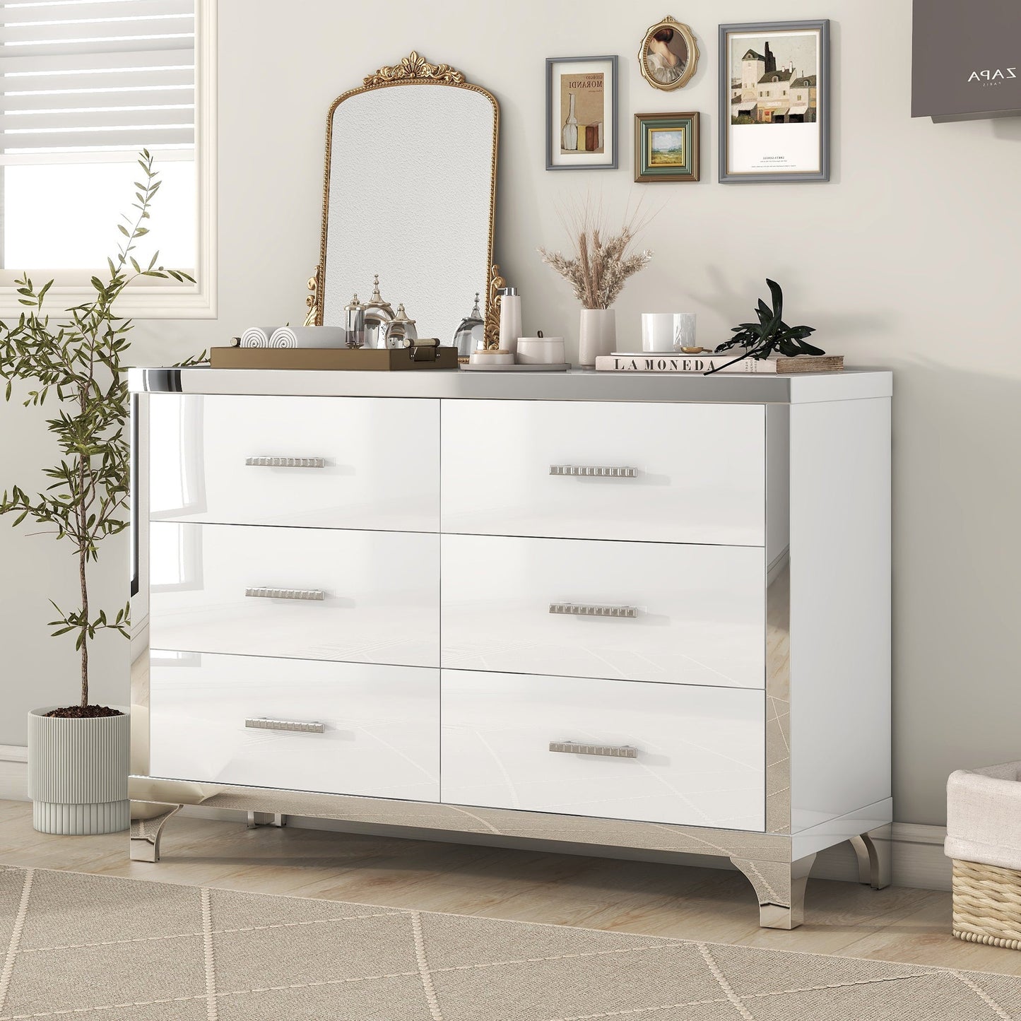 Elegant High Gloss Dresser with Metal Handle,Mirrored Storage Cabinet with 6 Drawers for Bedroom,Living Room,White SolidRoot Buy Furniture USA