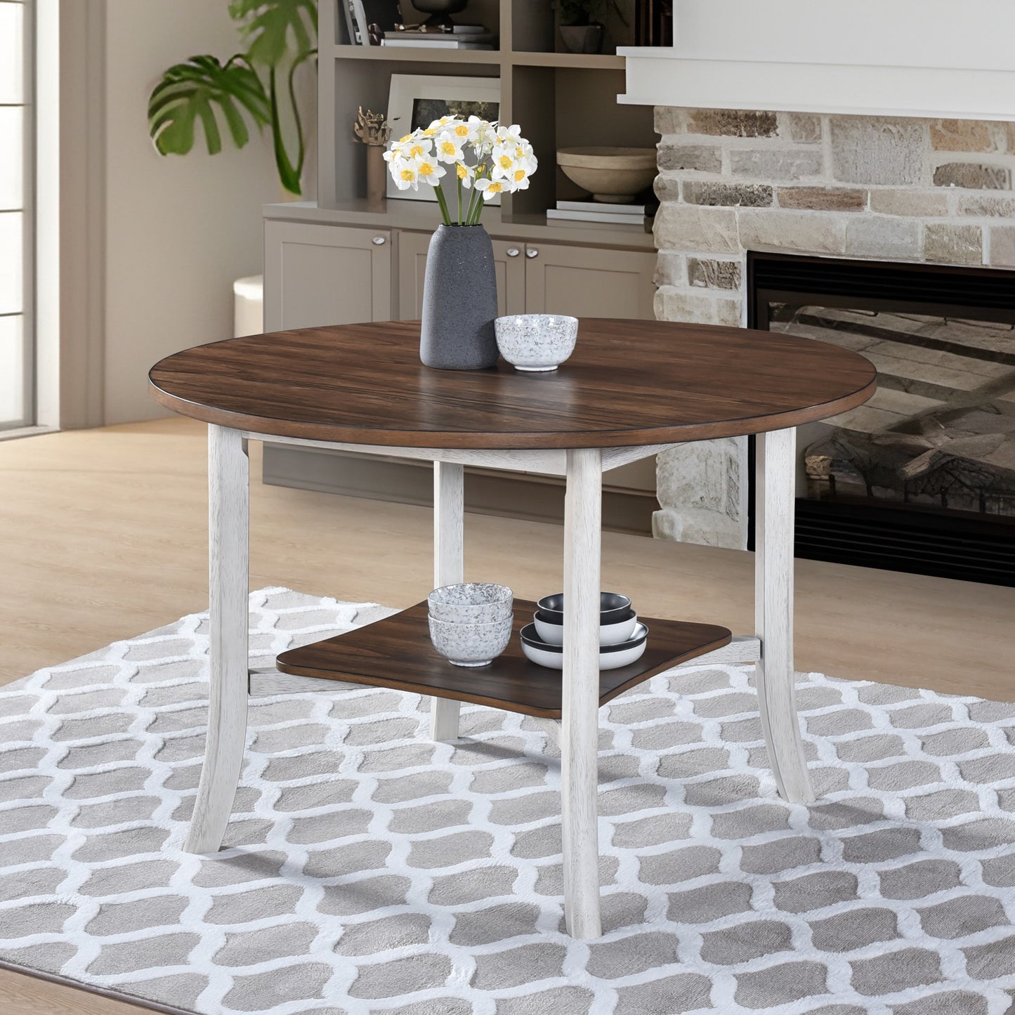 45.7inch Round Dining Table With Shelf Height 30 inch Modern Farmhouse Retro Design SolidRoot Buy Furniture USA