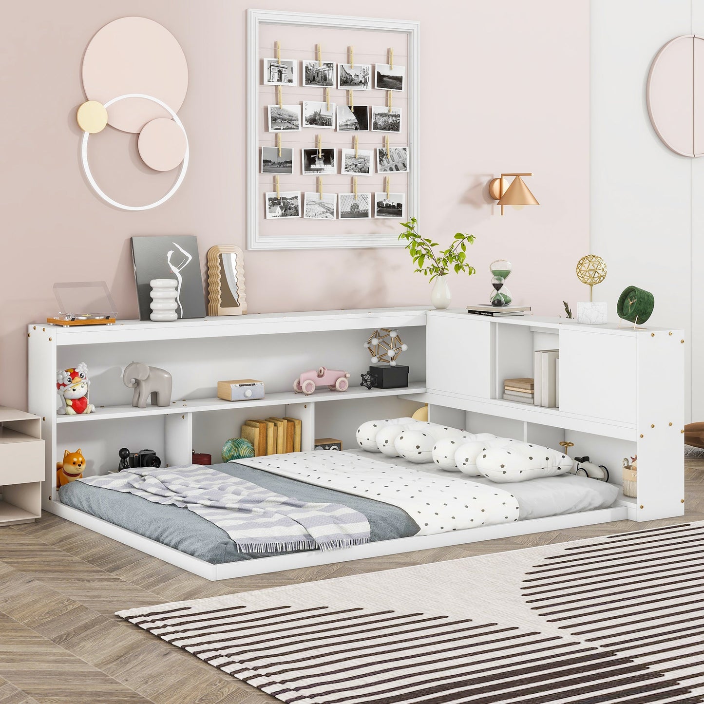 Full Floor Bed with L-shaped Bookcases, sliding doors,without slats,White SolidRoot Buy Furniture USA