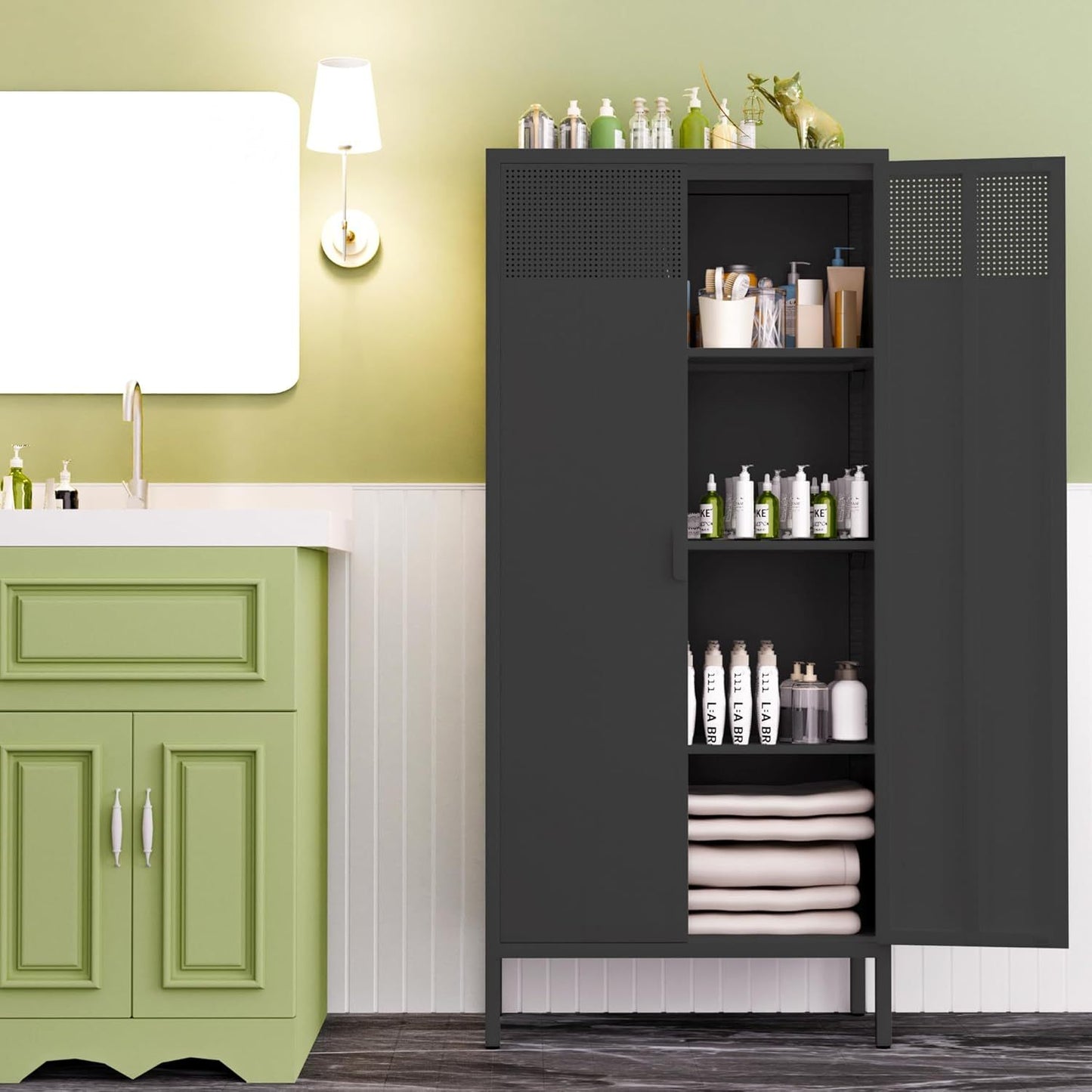 The metal food storage cabinet, 61 inches high, is equipped with adjustable shelves and is suitable for homes and kitchens.(BLACK) SolidRoot Buy Furniture USA