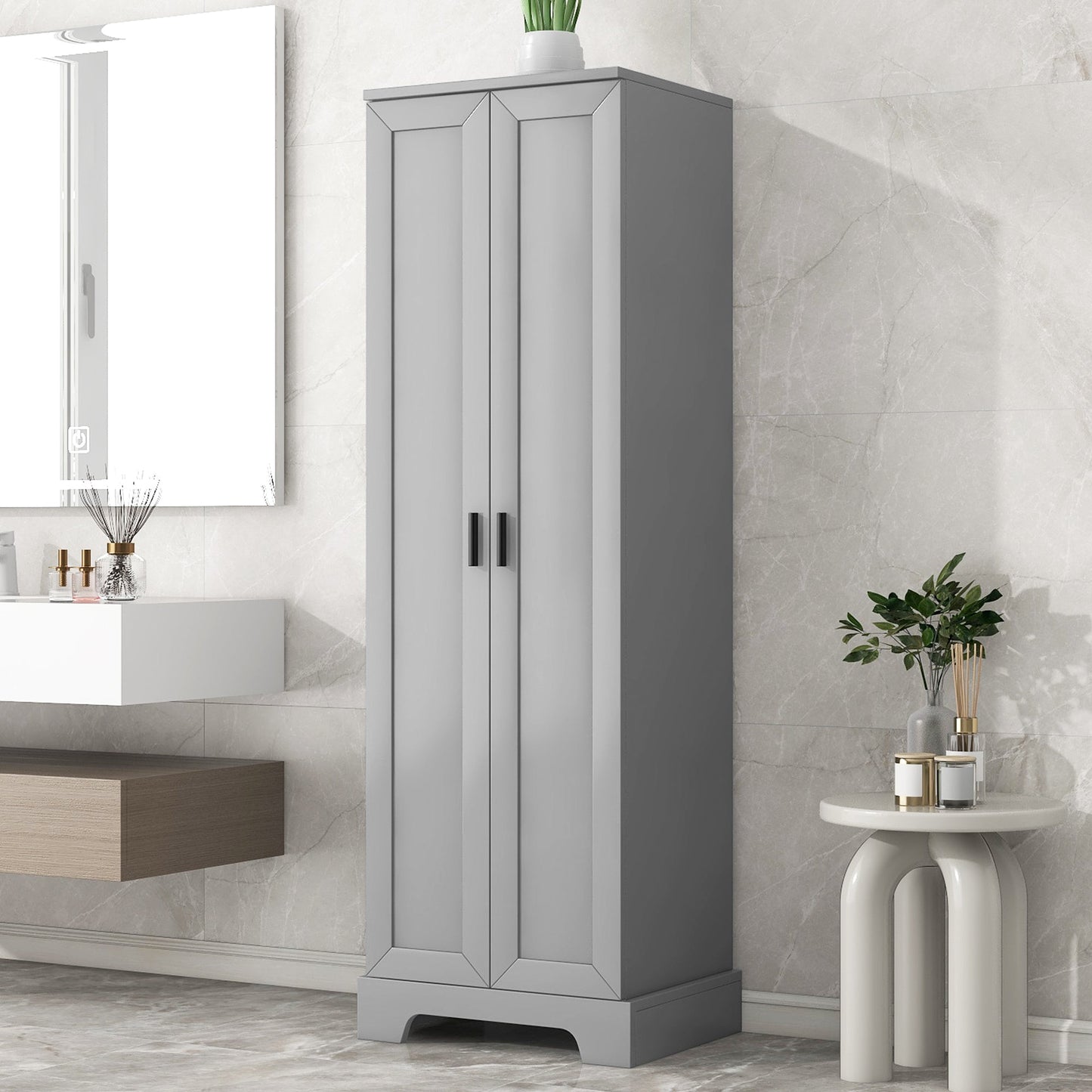 Storage Cabinet with Two Doors for Bathroom, Office, Adjustable Shelf, MDF Board, Grey SolidRoot Buy Furniture USA