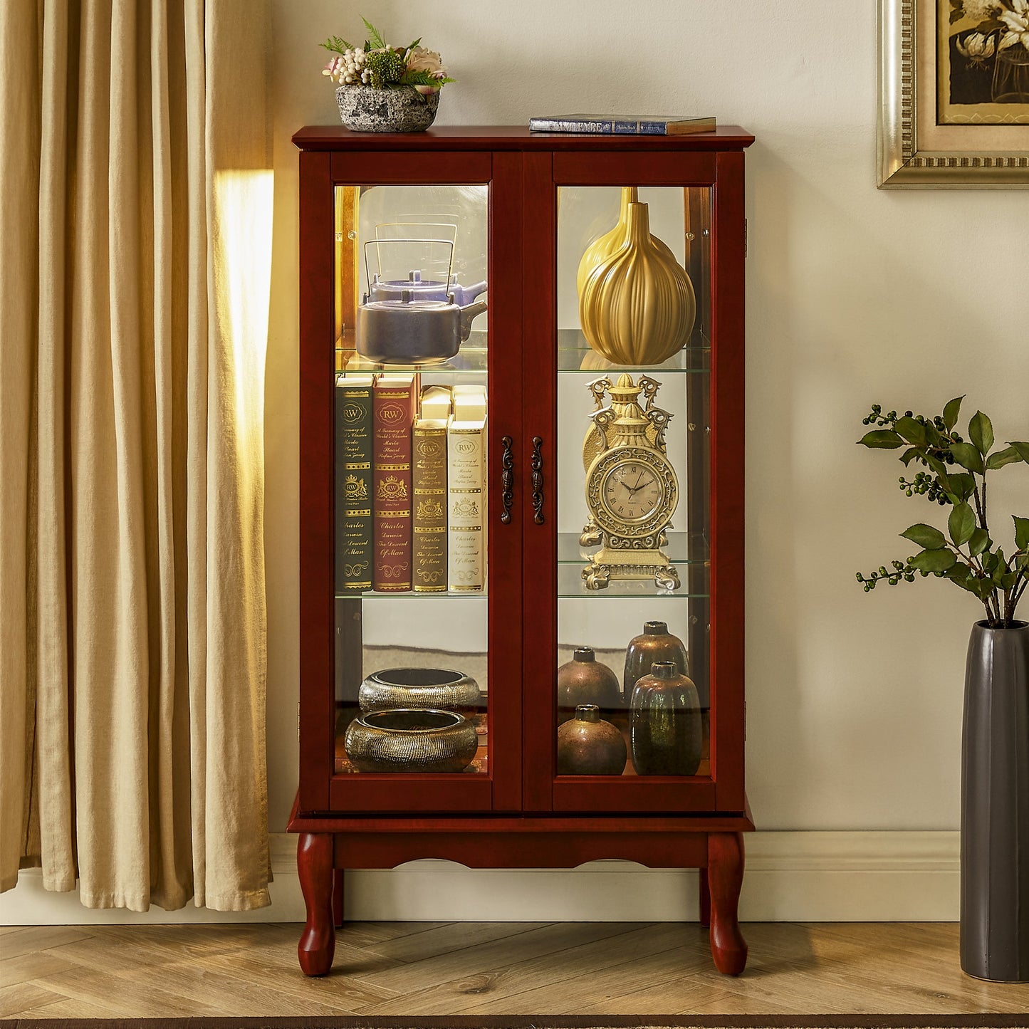 Curio Cabinet Lighted Curio Diapaly Cabinet with Adjustable Shelves and Mirrored Back Panel, Tempered Glass Doors (Cherry, 3 Tier), (E26 light bulb not included) SolidRoot Buy Furniture USA