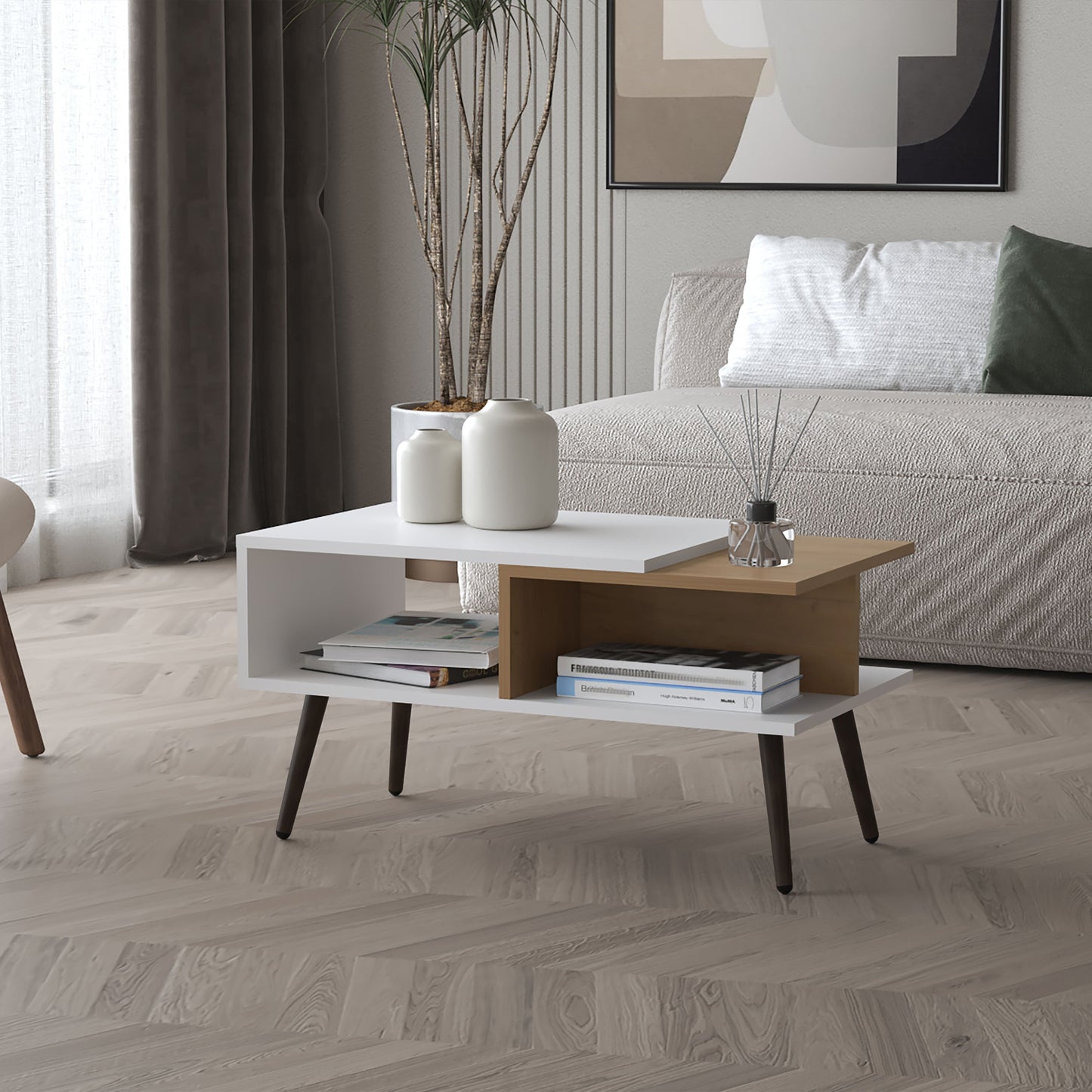 Hack Berry Coffee Table with Open Storage and Conical Legs , White + Natural Oak SolidRoot Buy Furniture USA