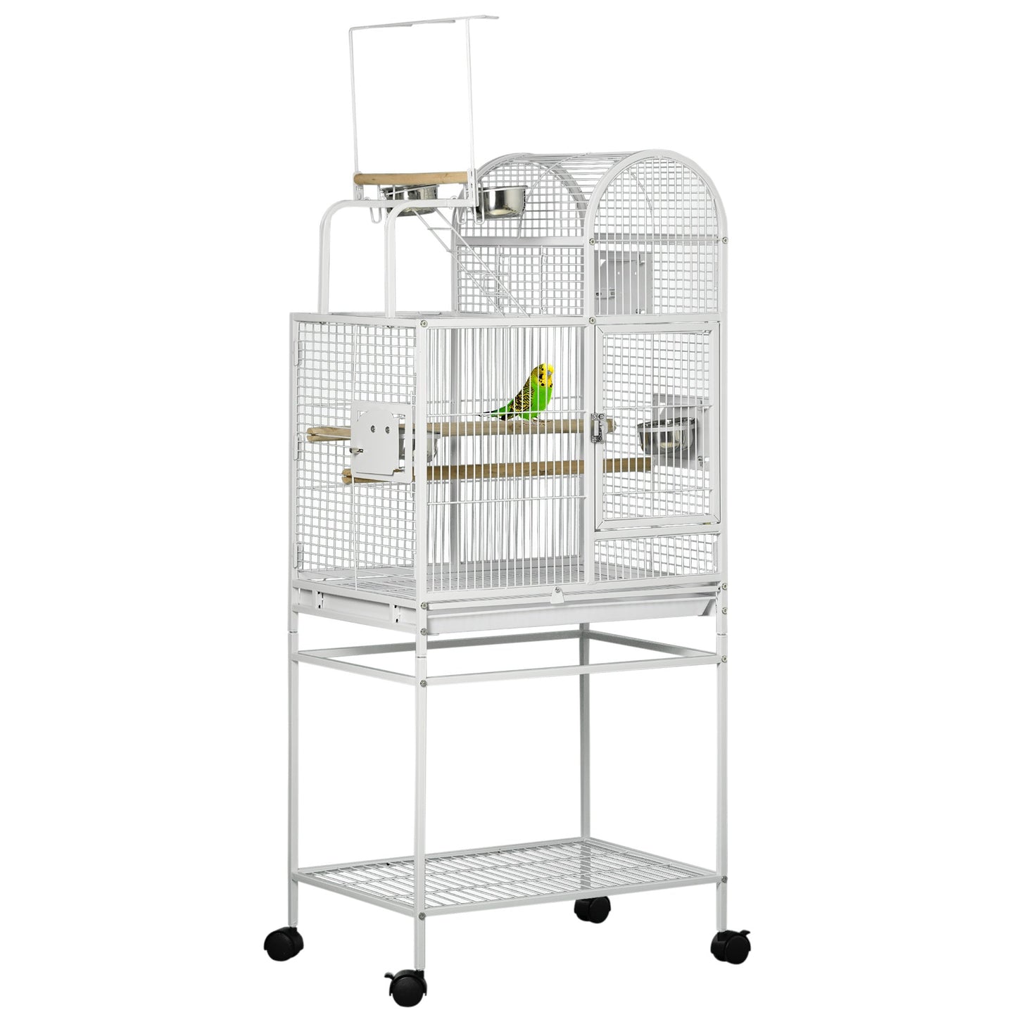 PawHut 55' Large Parrot Cage with Toy Hooks Above Top Bird Perch, Tray, Food Cups, Rolling Stand, Bird Cage for Cockatiels, Parakeets, Lovebirds SolidRoot Buy Furniture USA