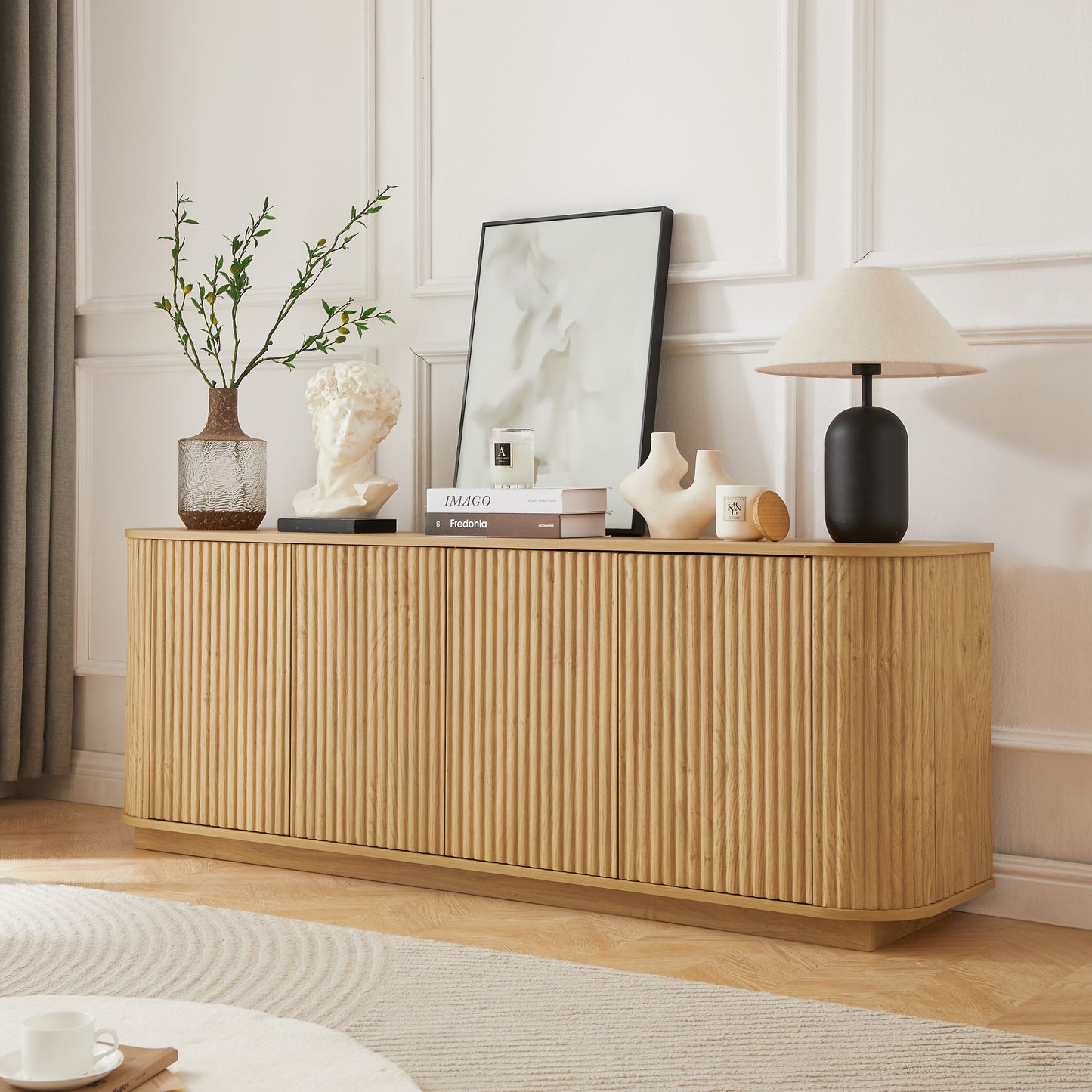 Sideboard Storage Cabinet TV Stand with wave pattern Buffet Cabinet Wooden Vertical Striped Cabinet for Kitchen/Bedroom/Entryway. Natural, 64''W x 15''D x 24''H. SolidRoot Buy Furniture USA