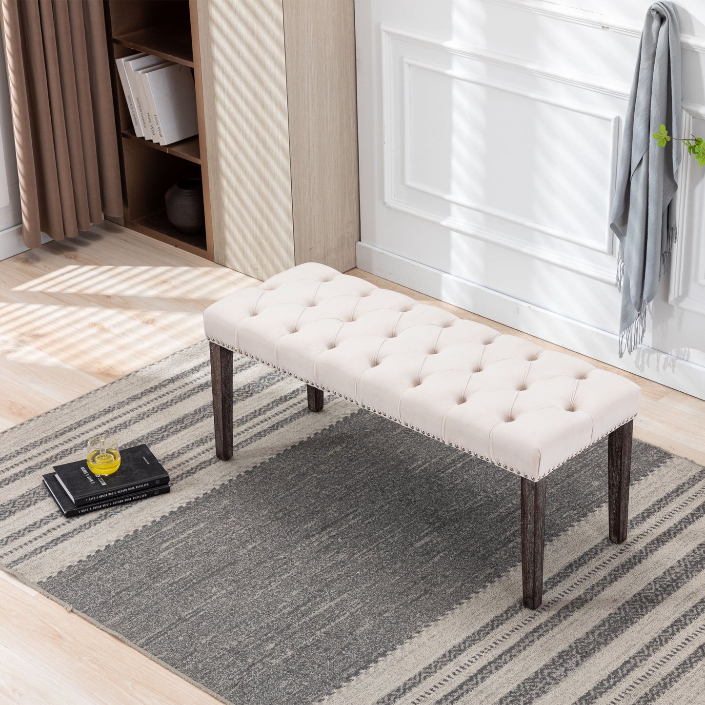 Heng Ming Upholstered Tufted Bench Ottoman , Velvet Dining Bench Bedroom Bench Footrest Stool Accent Bench for Entryway Dining Room Living Room, Beige