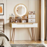Makeup Vanity Desk with 3 Adjustable Lighted Mirror with solid wood table feet , Dressing Table Set with 4 drawers and 3 open shelves for Small space Bedroom SolidRoot Buy Furniture USA