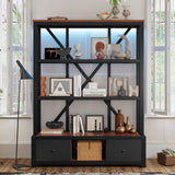 3-Shelf Metal Bookcase with Drawers for Home Office, Open Bookcase, Vintage Industrial Style Bookcase with LED, Walnut Color SolidRoot Buy Furniture USA