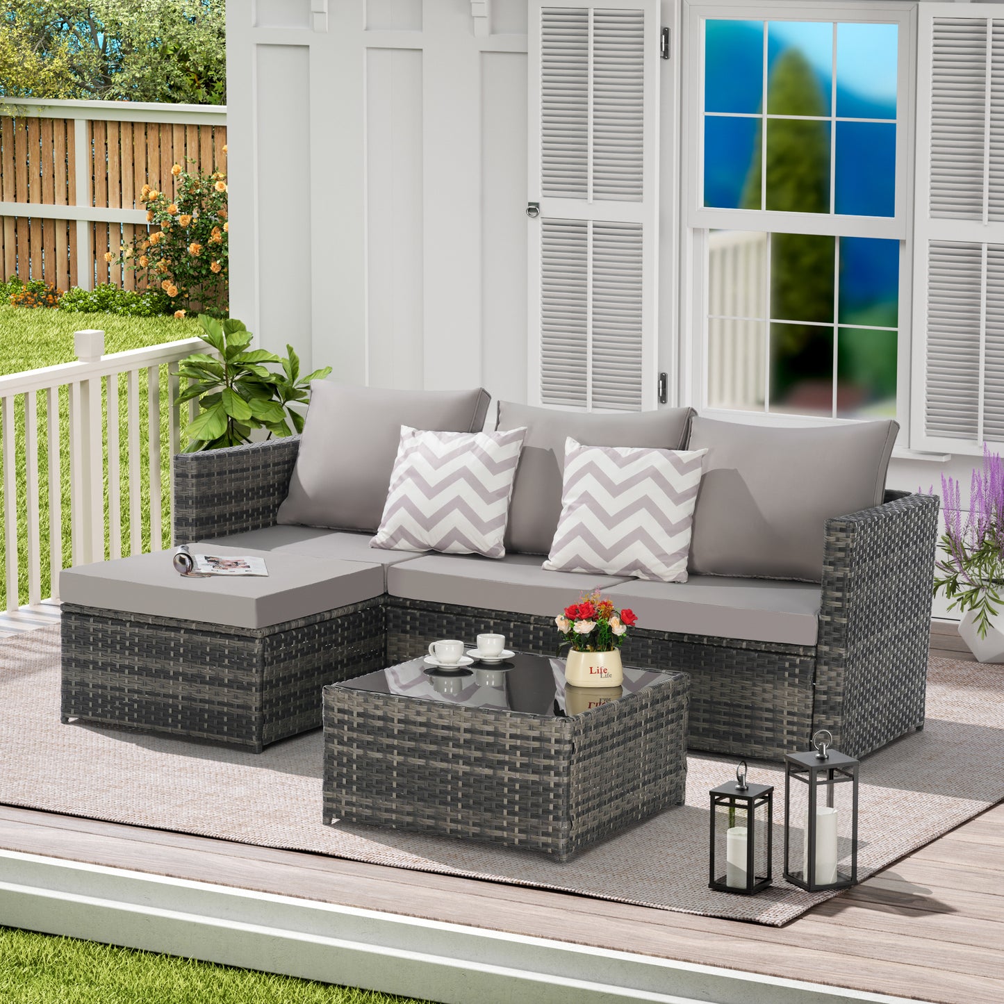2 Pieces Patio Furniture Set,Outdoor Woven Sectional L- Shaped Patio Furniture ,Wicker Conversation Set with Ottoman, Detachable Lounger Table for Backyard Poolside