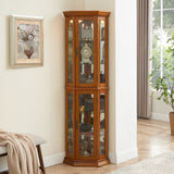 Corner Curio Cabinet with Lights, Adjustable Tempered Glass Shelves, Mirrored Back, Display Cabinet,Oak (E26 light bulb not included) SolidRoot Buy Furniture USA
