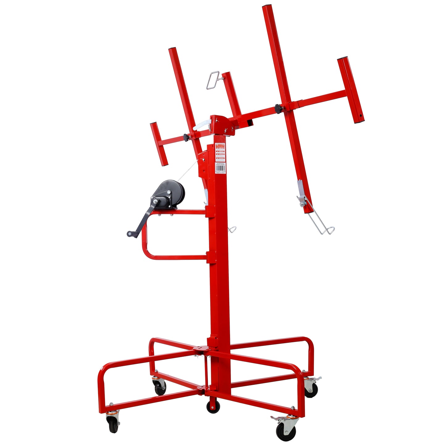Drywall Lift Panel Hoist – 13' Lift, 150 lbs Capacity, 4ft x 16ft Max Sheet Size, with Rolling Caster Wheels, Red