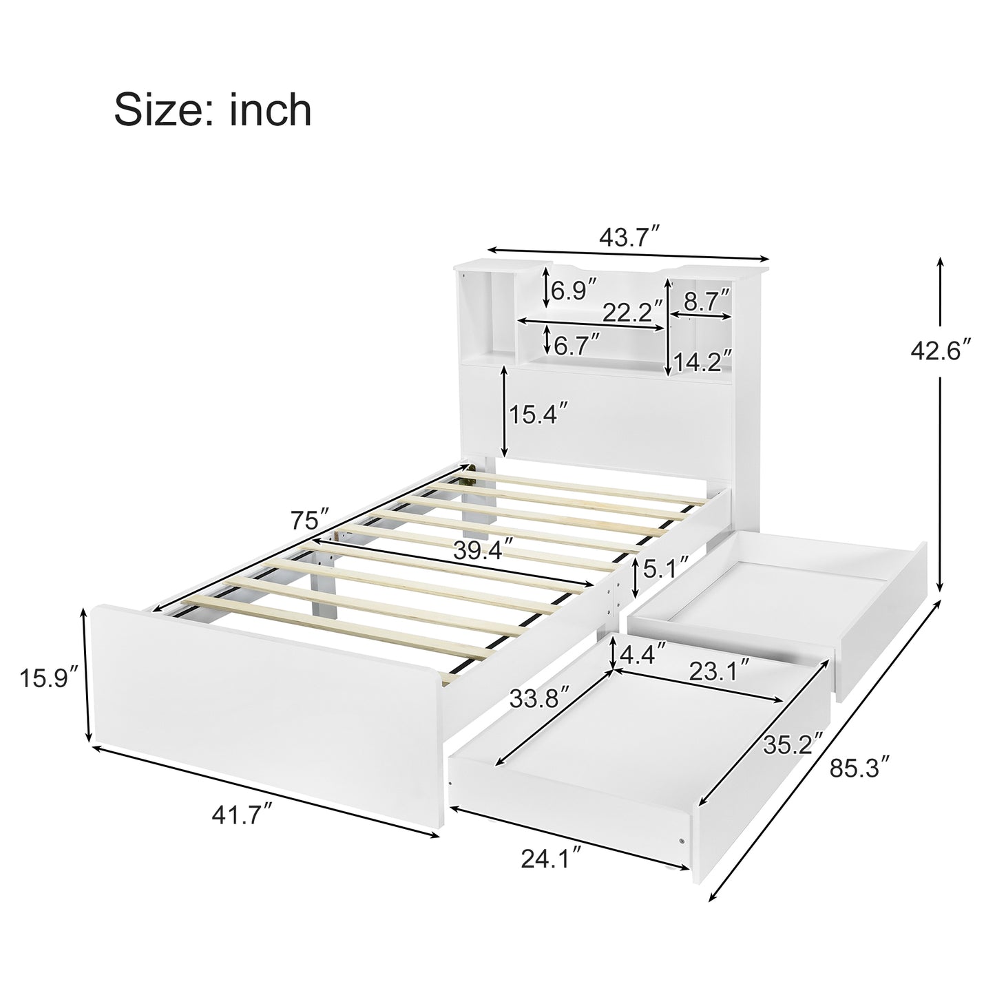 Twin Size Storage Platform Bed Frame with 4 Open Storage Shelves and 2 Storage Drawers,LED Light,White - SolidRoot Buy Furniture USA