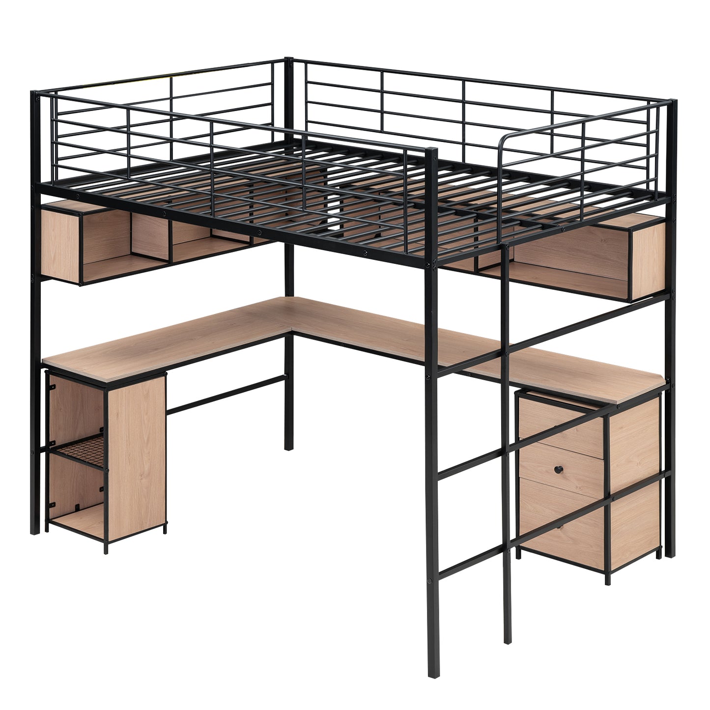 Metal Loft Bed with bookcase, desk and cabinet, Full, Black - SolidRoot Buy Furniture USA