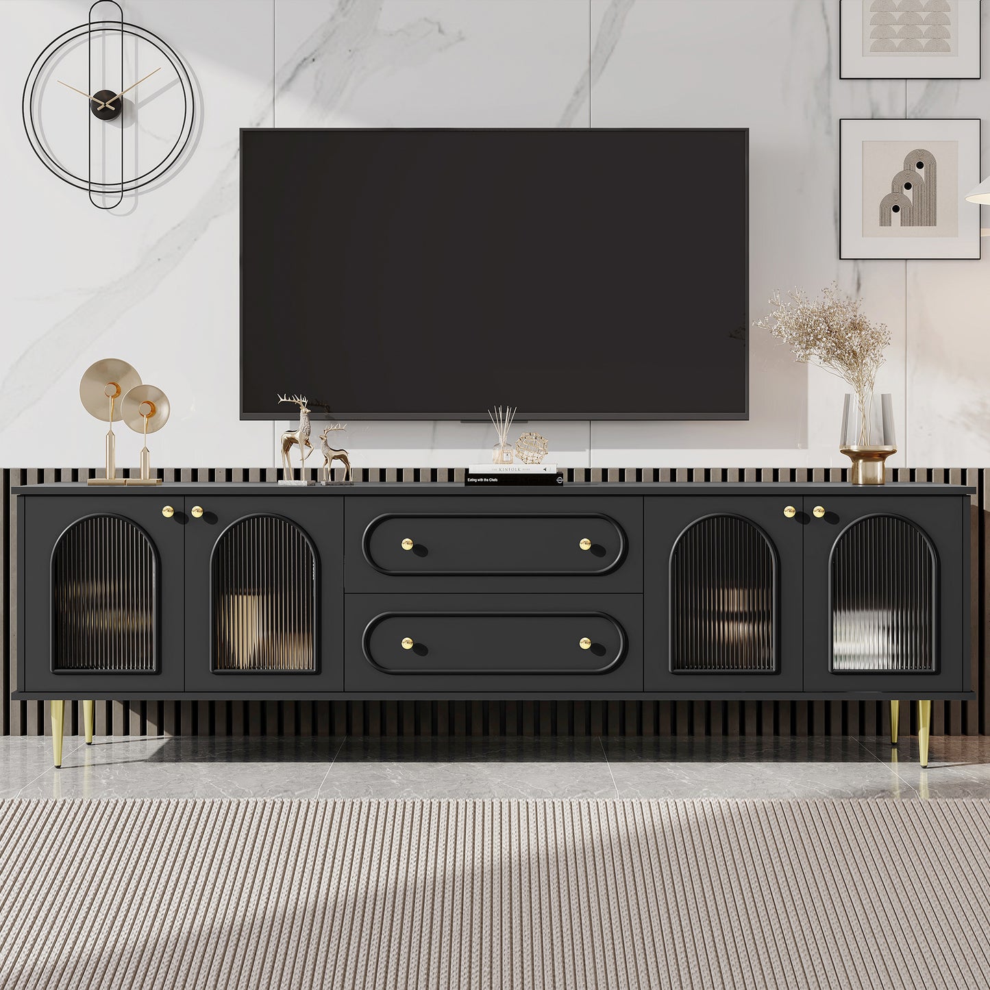 U-Can 78.7'' Modern TV Stand, TV Cabinet with Five Metal Legs and Metal Handles, 2 Drawers and 2 Cabinets with Fluted Glass Doors For Living room, Up to 80'' (Old SKU: SJ000122AAB) SolidRoot Buy Furniture USA