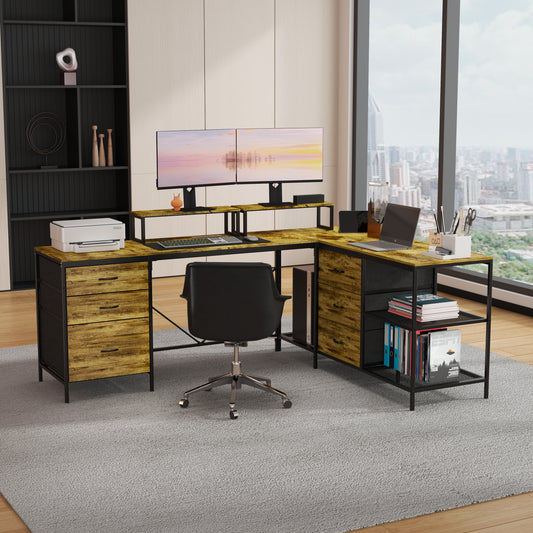 114' L-shaped Desk with Power Hub, Industrial Gaming Desk - 6 Drawers, Removable Monitor Stand, Rustic Brown Home Office