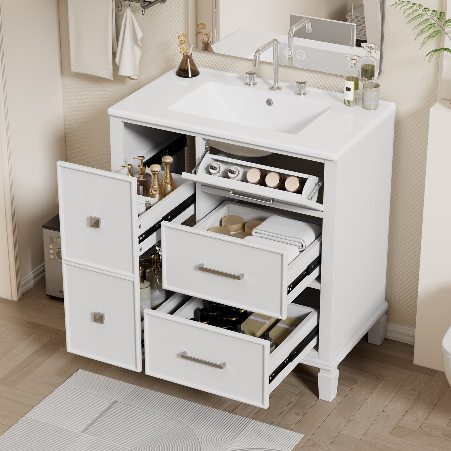 30 Inch Bathroom Vanity with Ceramic Sink, Flip-Out Drawer Design for Plumbing, Soft Close Drawers, White Painted MDF Cabinet with Solid Wood Legs SolidRoot Buy Furniture USA