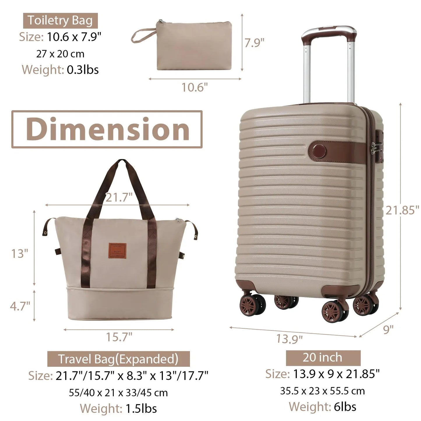 Luggage Sets 3 Piece Carry on Luggage 22x14x9 Airline Approved, Lightweight Hardshell ABS Suitcases with Wheels, 20 inch, Khaki - SolidRoot Buy Furniture USA