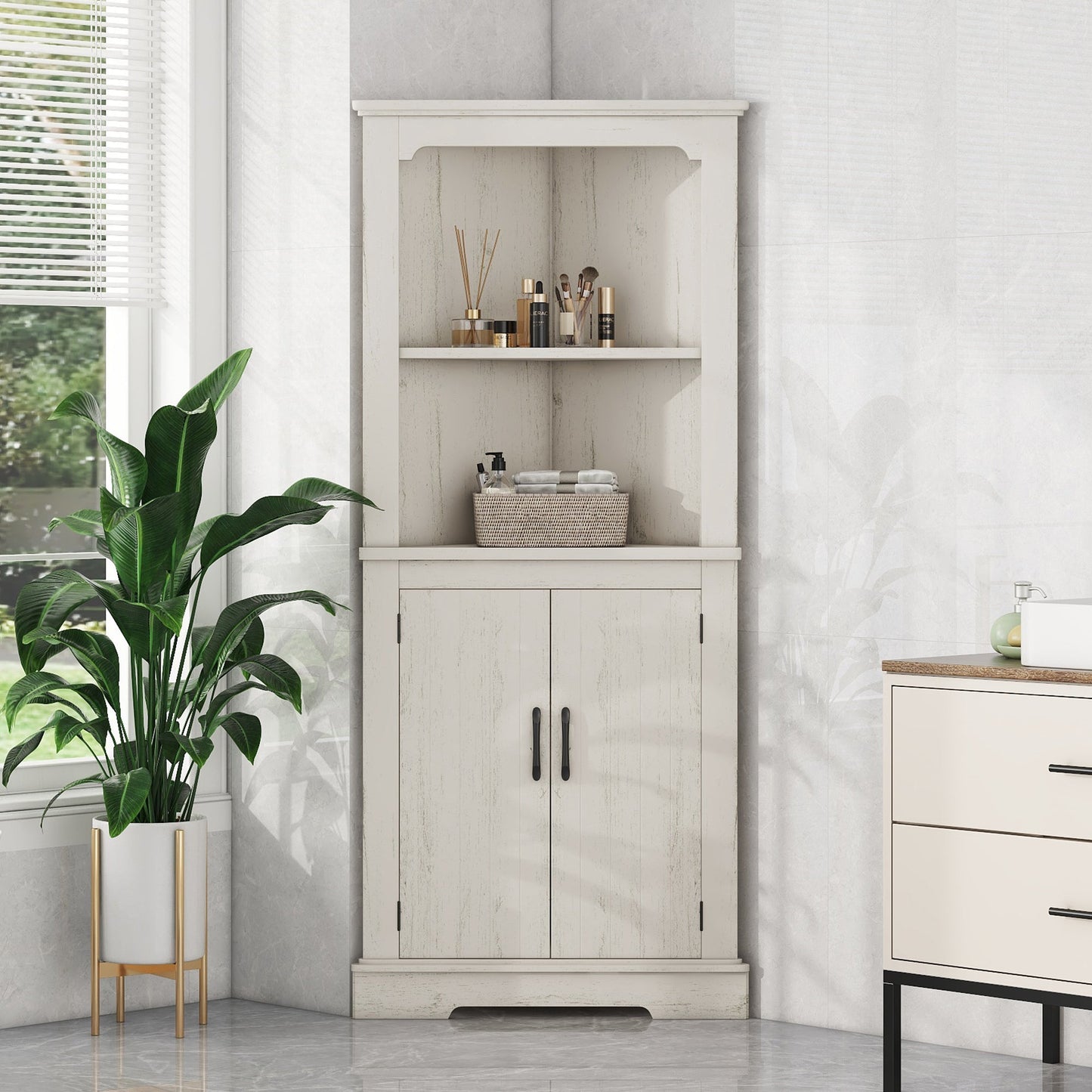 Tall Corner Cabinet with Doors for living room, bathroom,Dining Room or Kitchen,color:Wood grain beige SolidRoot Buy Furniture USA