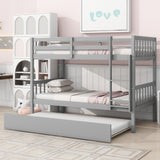 Twin Over Twin Rubber Wood Bunk Bed with Trundle, Convertible into Twin Size Beds, Twin Size Bunk Bed with Ladder and Safety Guardrails,Grey SolidRoot Buy Furniture USA