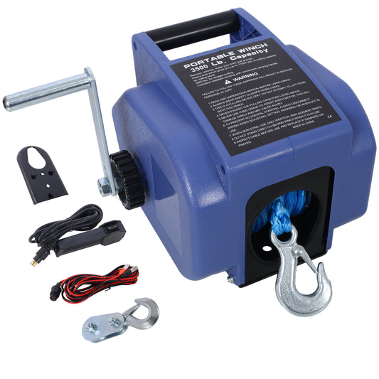 Reversible 12V Electric Trailer Winch for Boats Up to 6000 lbs with Synthetic Rope and Extra Pulley Hook in Blue Plastic Casing SolidRoot Buy Furniture USA