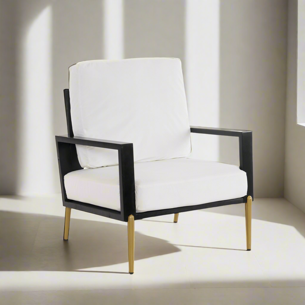 Modern Low Back White Upholstered Accent Armchair with Gold Metal Legs & Rubberwood Frame, Chic Wide Armrest Minimalist Lounge Chair with Pillow Back, Single Sofa Chair for Living Room&Balcony, White SolidRoot Buy Furniture USA