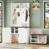 ON-TREND Farmhouse 4-in-1 Hall Tree with Barn Doors, Movable Bench with 7 Hanging Hooks and Shoe Storage Cabinet, 76.9'H Entryway Coat Rack with 6 Brake Wheels for Hallway, Living Room, White SolidRoot Buy Furniture USA