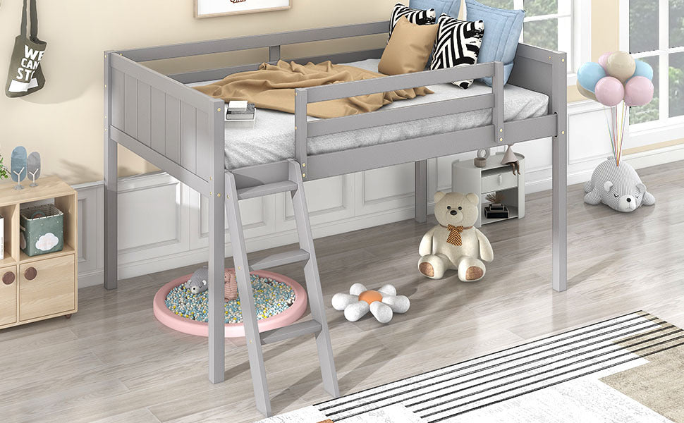 Twin Size Wood Low Loft Bed with Ladder, ladder can be placed on the left or right, Gray - SolidRoot Buy Furniture USA