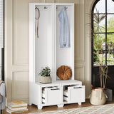 ON-TREND Elegant Free Standing Hall Tree Set of 2, Multifunctional 3-IN-1 Entryway Coat Rack with Black Retro Handles, Seating Bench with Storage Drawers for Hallway, Living Room, White, 31.4'W*70.8'H SolidRoot Buy Furniture USA