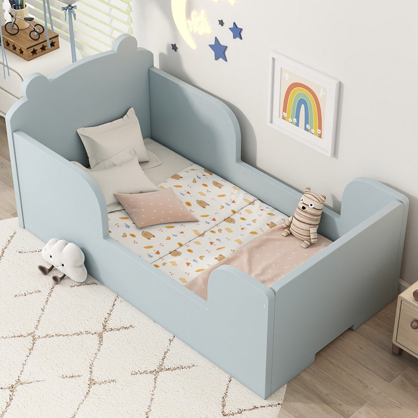 Toddler Floor Bed Frame, Cot Bed for Boys and Girls Ages 3-6, Bear Shape Toddler Bed, Blue