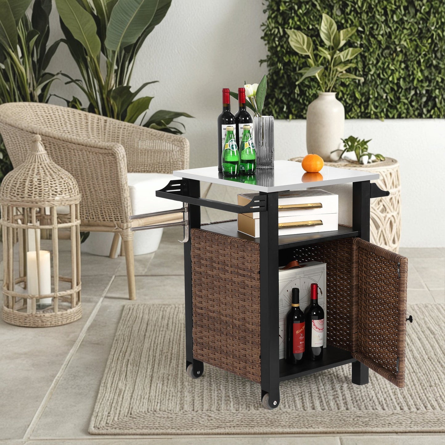 Single door bar cart,Outdoor Kitchen Wicker Island Rolling Cart & Storage Cabinet, Wheels and Stainless Steel Extended Table Top, Side Handle for Patio Kitchen or Bar Cart, Brown SolidRoot Buy Furniture USA