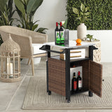 Single door bar cart,Outdoor Kitchen Wicker Island Rolling Cart & Storage Cabinet, Wheels and Stainless Steel Extended Table Top, Side Handle for Patio Kitchen or Bar Cart, Brown SolidRoot Buy Furniture USA
