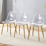 Transparent and stylish ergonomic dining chair unlocks a new experience of lightweight fashion, comfort, and stability. Transparent seat cushion, golden metal legs. One box of three. SolidRoot Buy Furniture USA